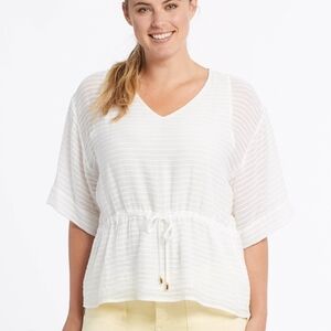 Tribal White Porcelain Flare Textured V-Neck Blouse, Large